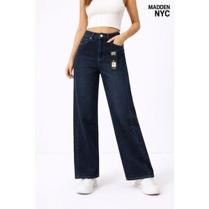 NWT Madden NYC Wide Leg‎ Jeans XS 0-2 Blue Denim High Rise Elastic Waist Pants